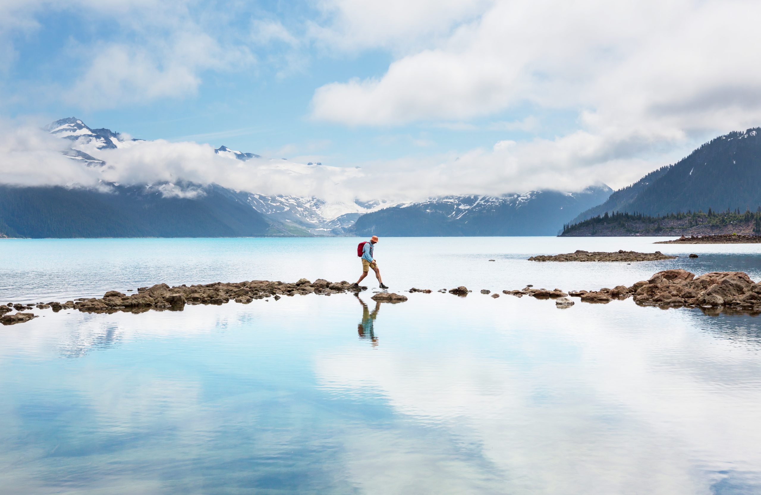 Wide mountain lake landscape with a hiker walking across rocks in shallow water, surrounded by snow-covered mountains, clouds, and calm reflective water beneath a bright blue sky.