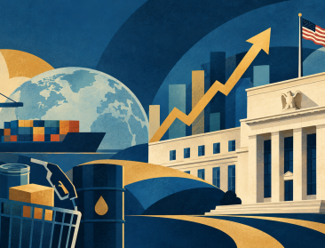 Illustration of rising inflation, featuring the Federal Reserve, an upward price chart, oil prices, consumer goods, and global trade.
