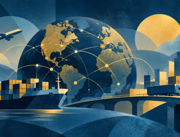 Illustration of global trade and supply chains featuring a connected globe, cargo ship, airplane, and freight truck, representing economic uncertainty and business complexity.