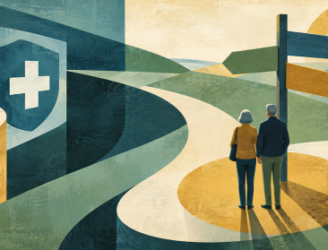 Illustration of an older couple navigating Medicare coverage options, with branching paths and a healthcare symbol representing Medicare plan changes and open enrollment for 2027.