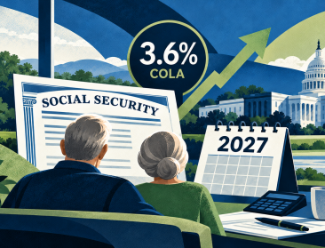 Illustration of Social Security retirement benefits and the 2027 cost-of-living adjustment, showing an older couple reviewing their finances.